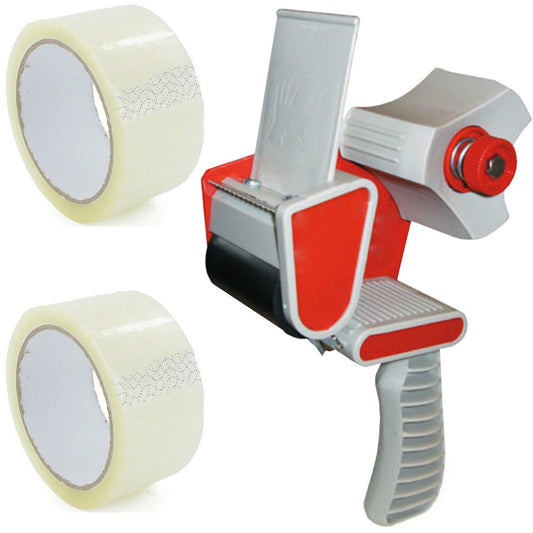 Packing Tape Gun Dispenser with 2 Rolls Parcel Tape – Clear & Buff (50mm)